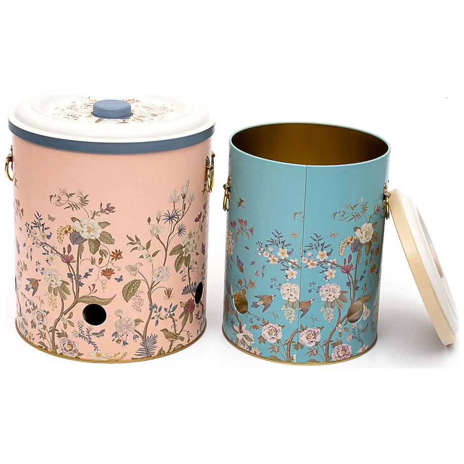 Metal Potato &amp; Onion Storage Bin Set Ø225x240 mm   ( 2 Pcs ) Floral Design Pastel Blue Botanica Design