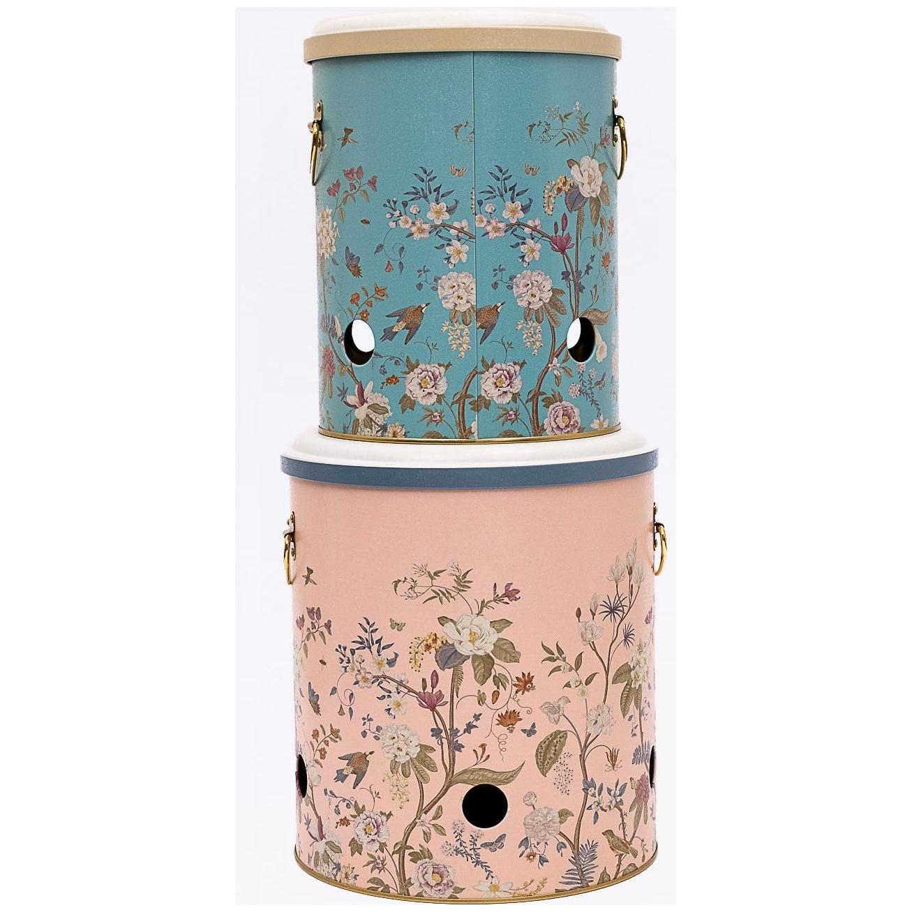 Metal Potato &amp; Onion Storage Bin Set Ø225x240 mm   ( 2 Pcs ) Floral Design Pastel Blue Botanica Design