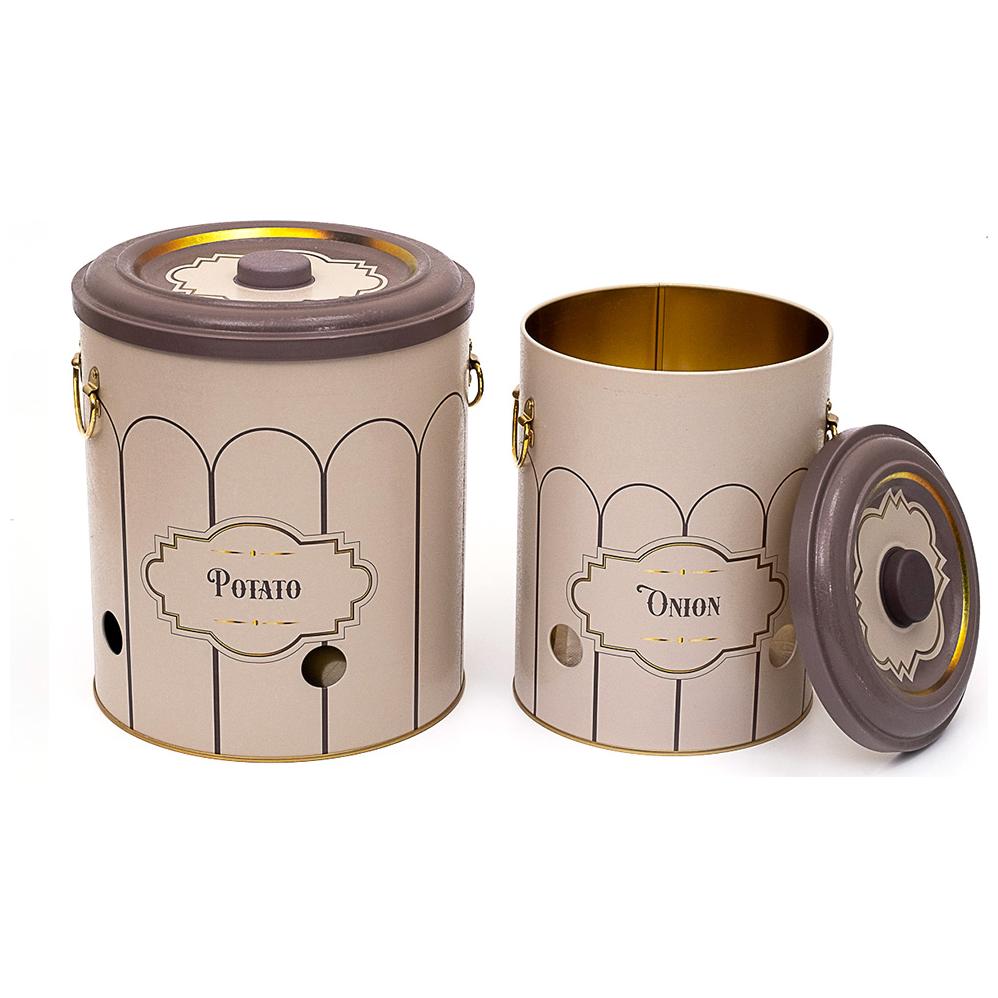 Metal Potato &amp; Onion Storage Bin Set Ø225x240 mm   ( 2 Pcs ) Retro Retro Design
