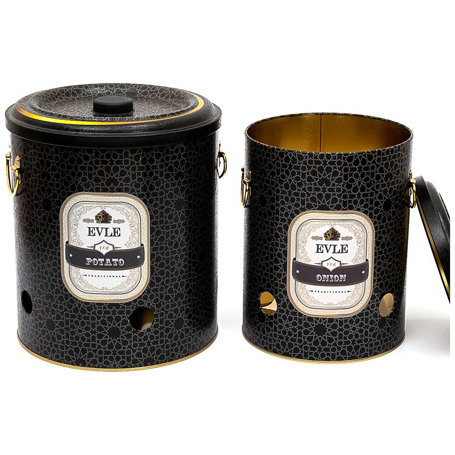 Metal Potato &amp; Onion Storage Bin Set Ø225x240 mm   ( 2 Pcs ) gold geometric pattern black background Trellis Design
