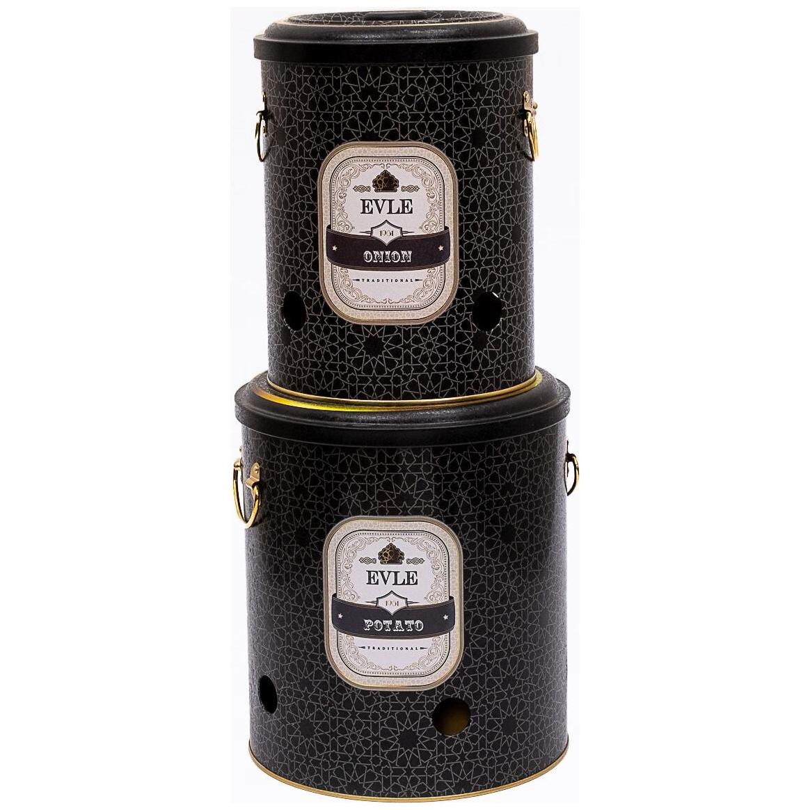 Metal Potato &amp; Onion Storage Bin Set Ø225x240 mm   ( 2 Pcs ) gold geometric pattern black background Trellis Design