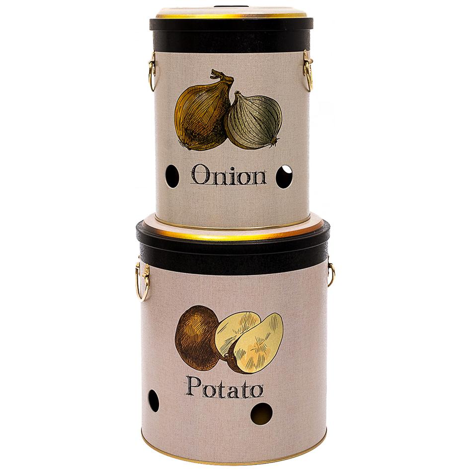 Metal Potato &amp; Onion Storage Bin Set Ø225x240 mm   ( 2 Pcs ) Vintage Café-Inspired Linen Texture Design
 Azura Design