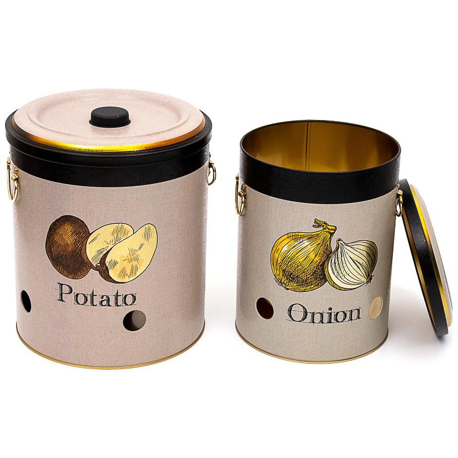 Metal Potato &amp; Onion Storage Bin Set Ø225x240 mm   ( 2 Pcs ) Vintage Café-Inspired Linen Texture Design
 Azura Design