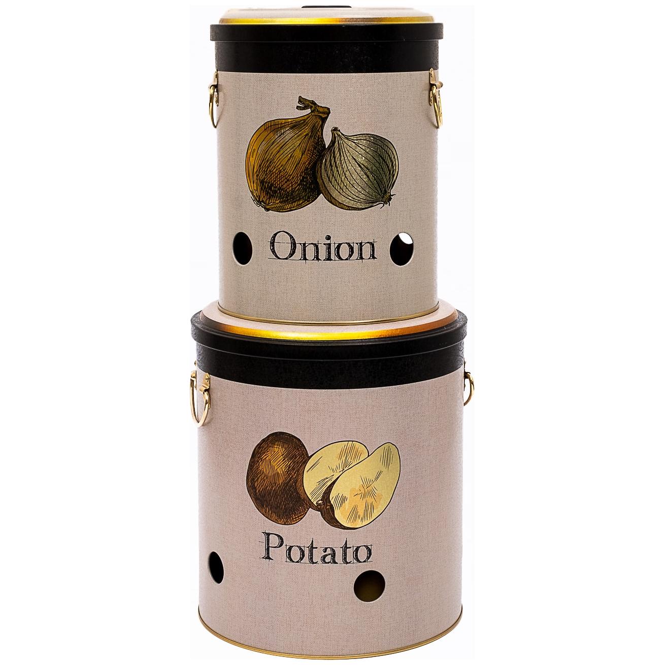 Metal Potato &amp; Onion Storage Bin Set Ø225x240 mm   ( 2 Pcs ) Vintage Café-Inspired Linen Texture Design
 Azura Design