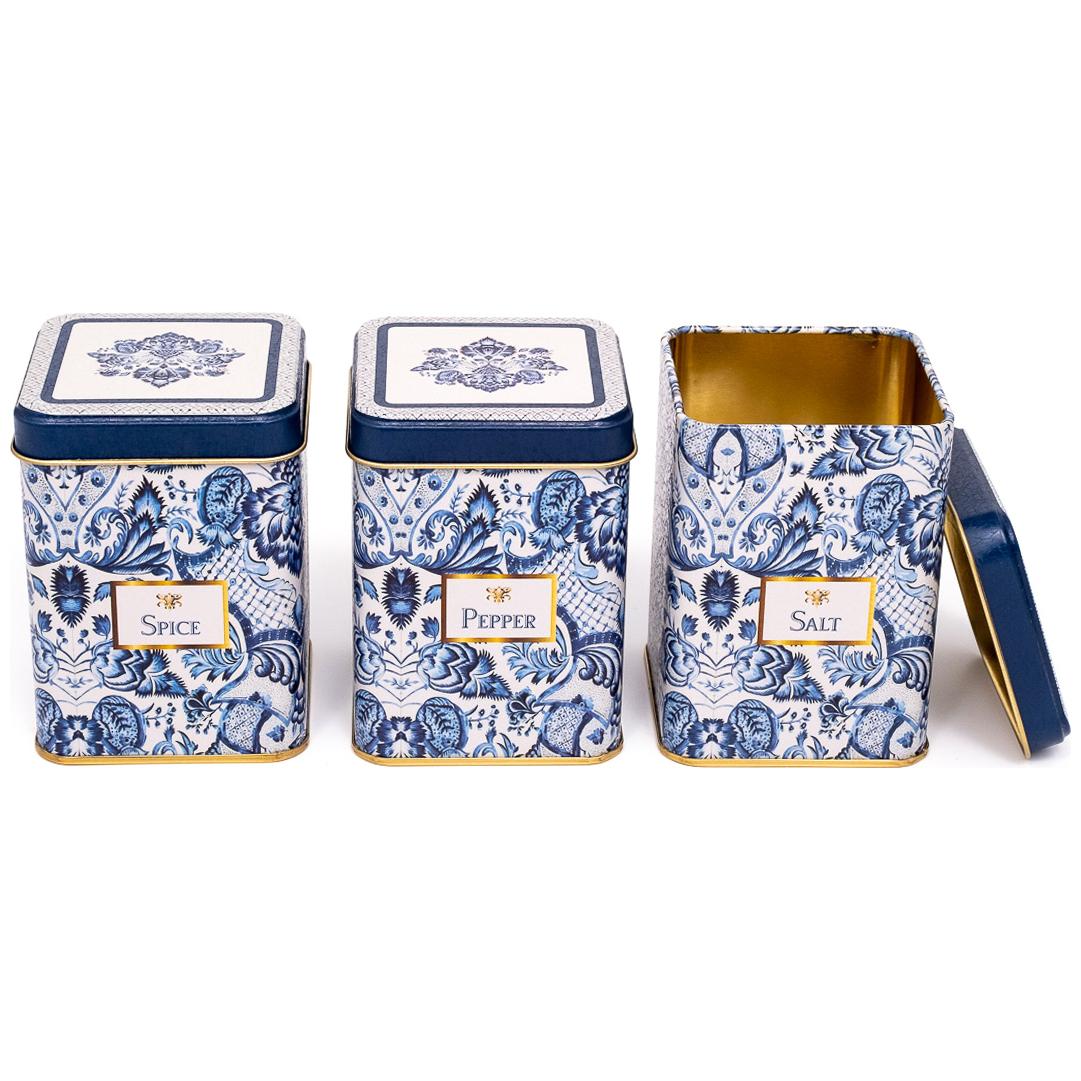 75 x 75 x 100 mm Square Metal Tin Box Set  (Set of 3) Azulejo-Inspired Blue &amp; White Decorative Pattern Azulejos Design