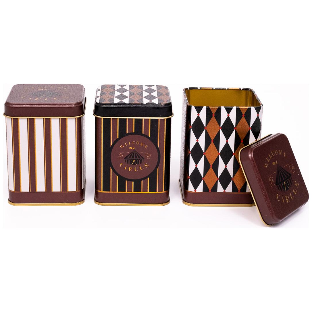 75 x 75 x 100 mm Square Metal Tin Box Set  (Set of 3) Vintage Circus Elegance Circus Design