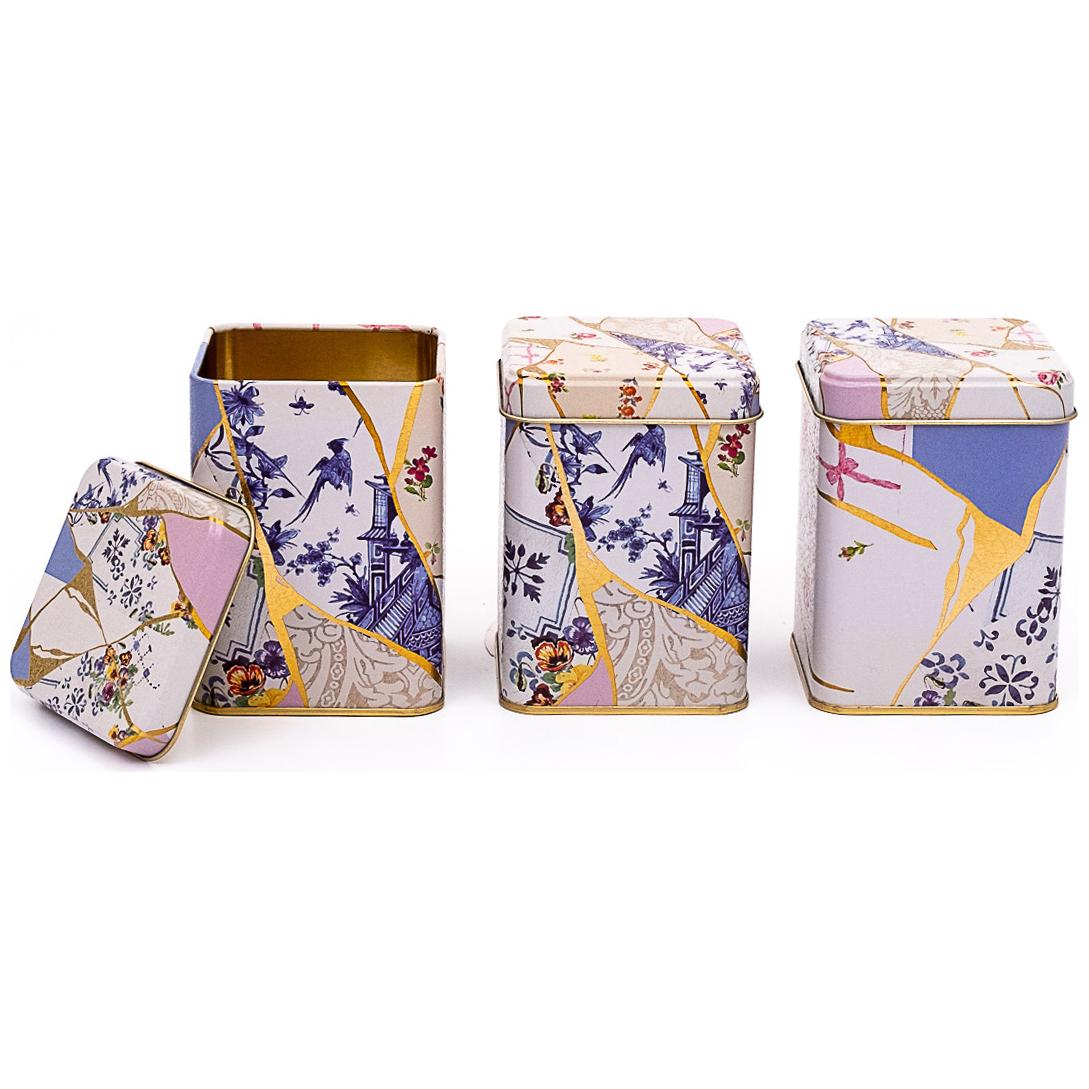 75 x 75 x 100 mm Square Metal Tin Box Set  (Set of 3) Kintsugi Gold vein Flower  Kint Sugi Design