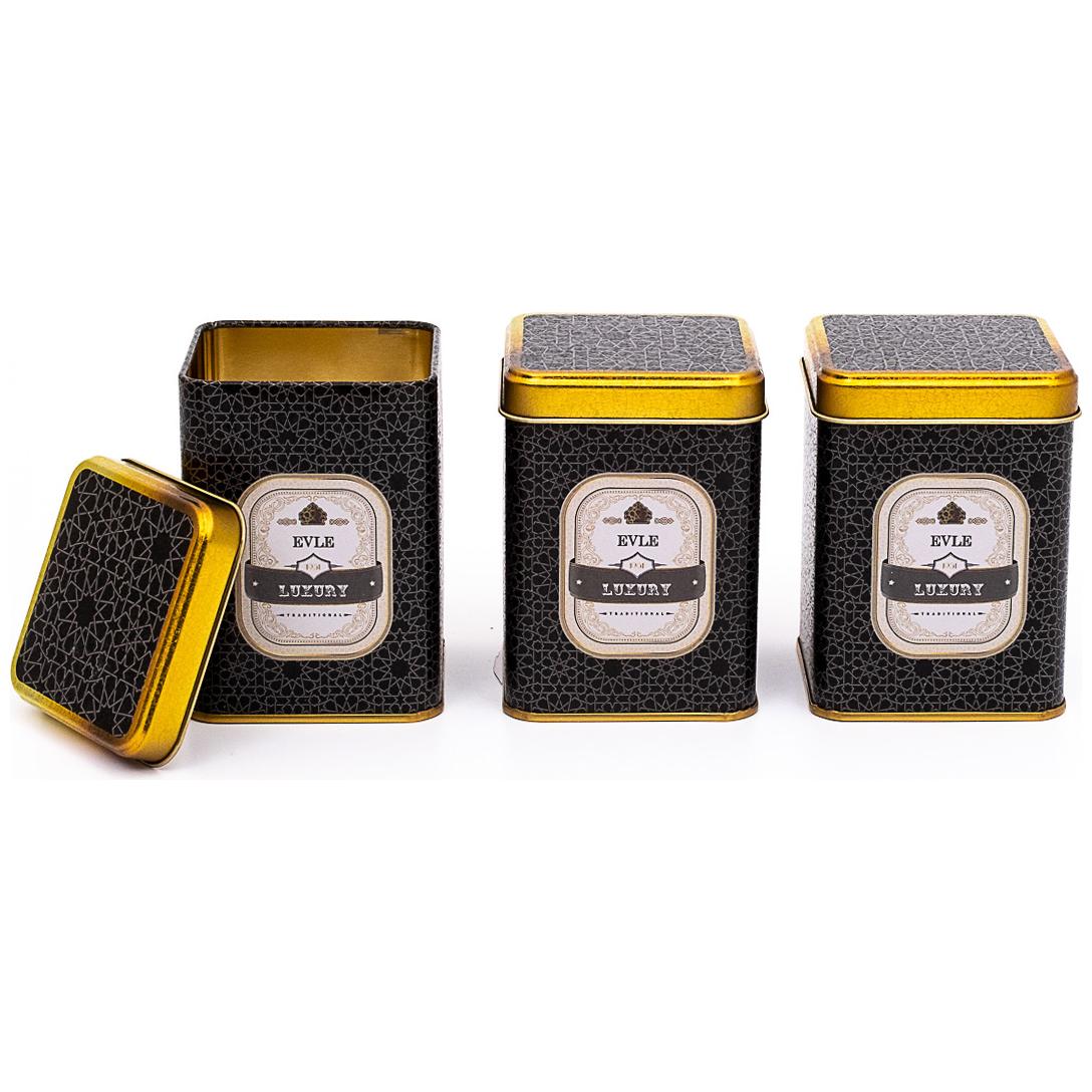 75 x 75 x 100 mm Square Metal Tin Box Set  (Set of 3) gold geometric pattern black background Trellis Design