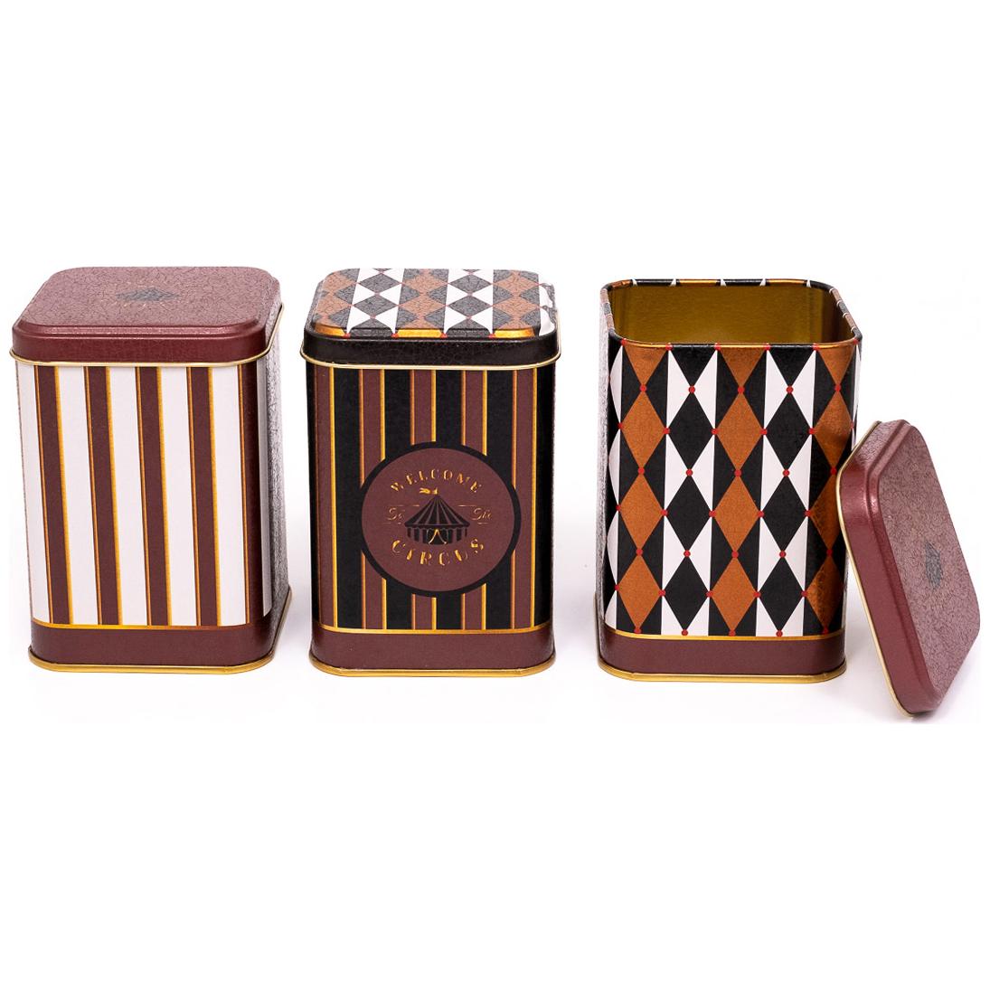 Square Metal Canister Set – 87x87x125 mm (Set of 3) Vintage Circus Elegance Circus Design