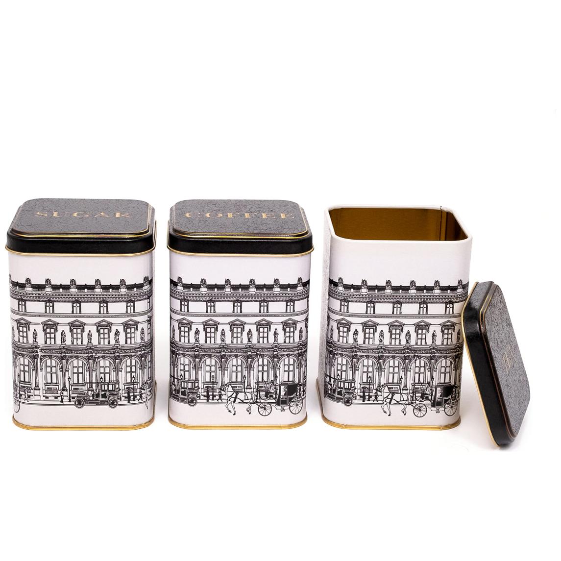 Square Metal Canister Set – 87x87x125 mm (Set of 3) vintage cityscapes illustration City Design