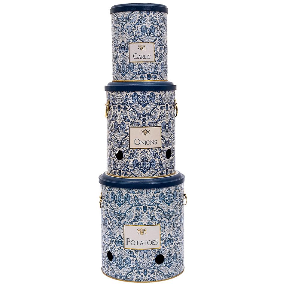 Triple Metal Bin Set for Potato Onion and Garlic  (3 Pcs)  Azulejo-Inspired Blue &amp; White Decorative Pattern Azulejos Design