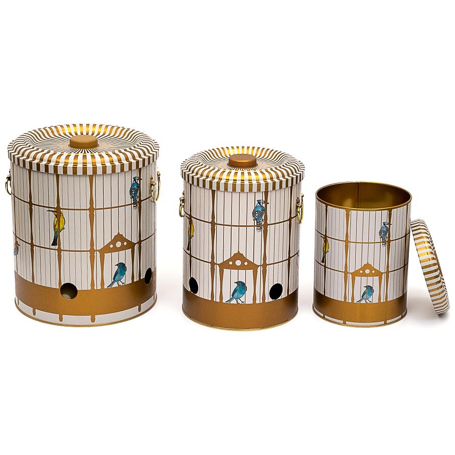 Triple Metal Bin Set for Potato Onion and Garlic (3 Pcs) Vintage Birdcage Illustration with Colorful Birds Bird Cage Design