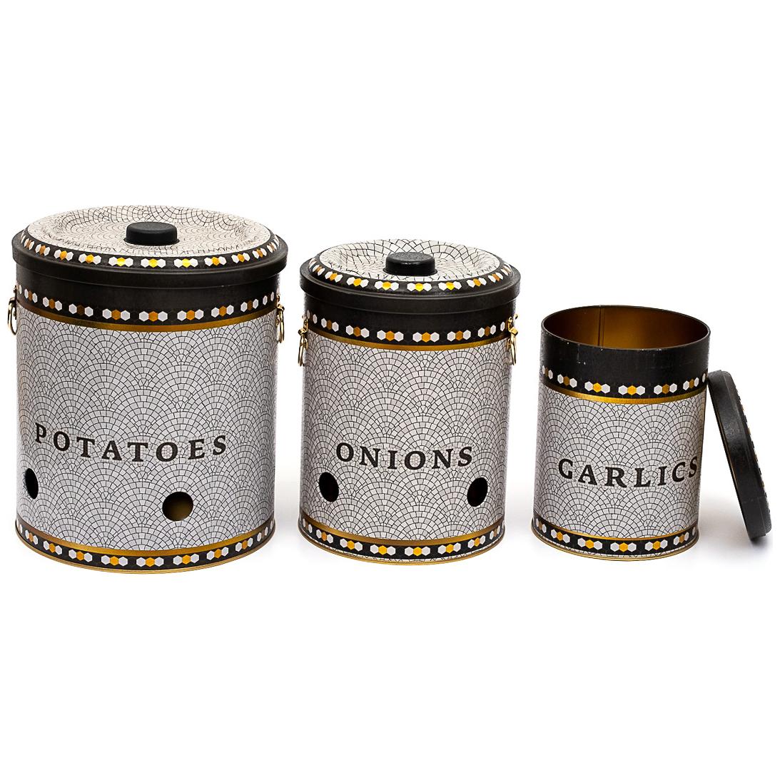 Triple Metal Bin Set for Potato Onion and Garlic  (3 Pcs)  Geometric Mosaic Pattern Mosaic Design