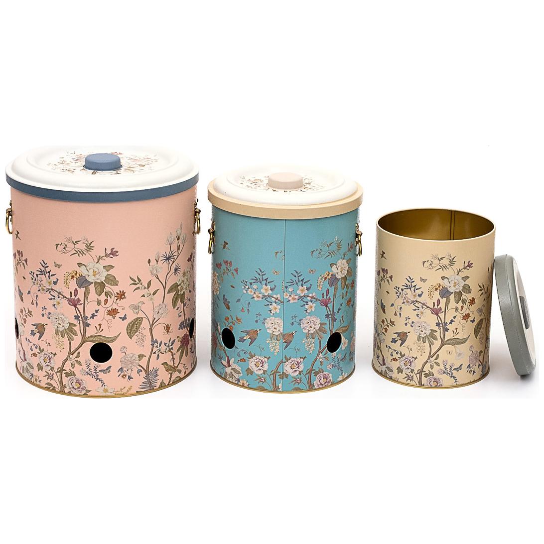 Triple Metal Bin Set for Potato Onion and Garlic  (3 Pcs)  Floral Design Pastel Blue Botanica Design
