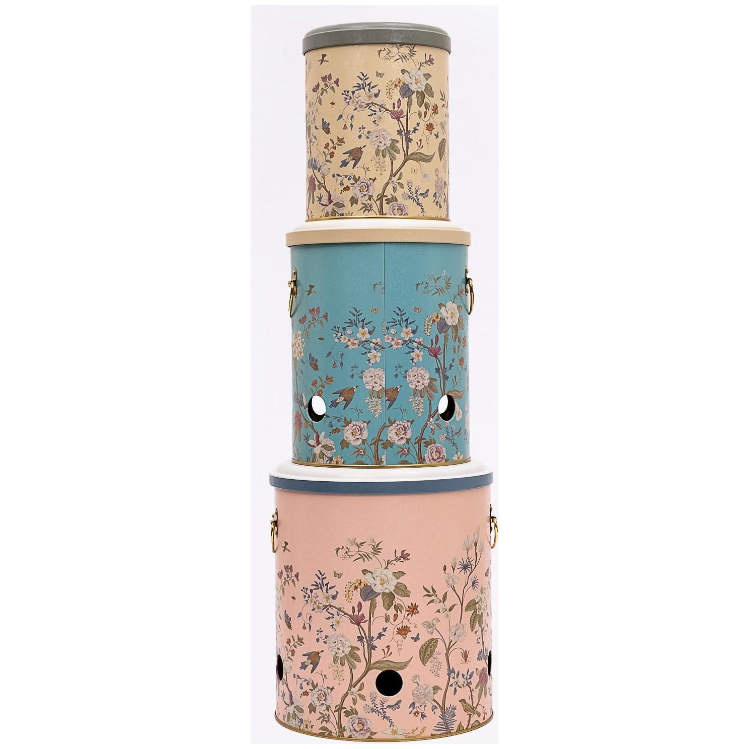 Triple Metal Bin Set for Potato Onion and Garlic  (3 Pcs)  Floral Design Pastel Blue Botanica Design