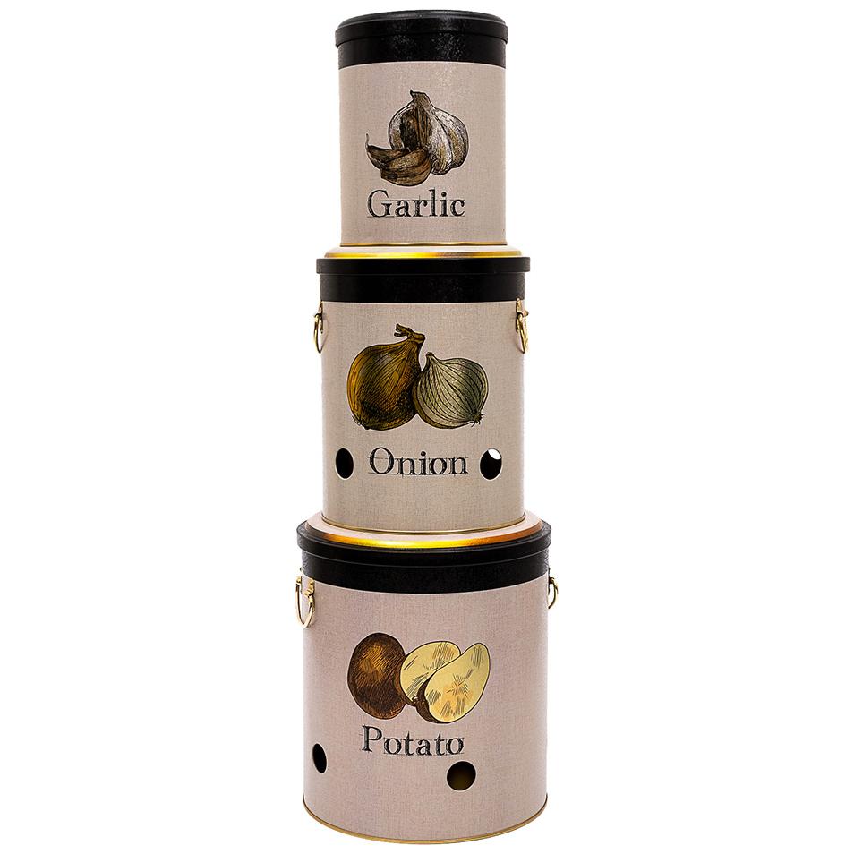 Triple Metal Bin Set for Potato Onion and Garlic  (3 Pcs)  Vintage Café-Inspired Linen Texture Design
 Azura Design