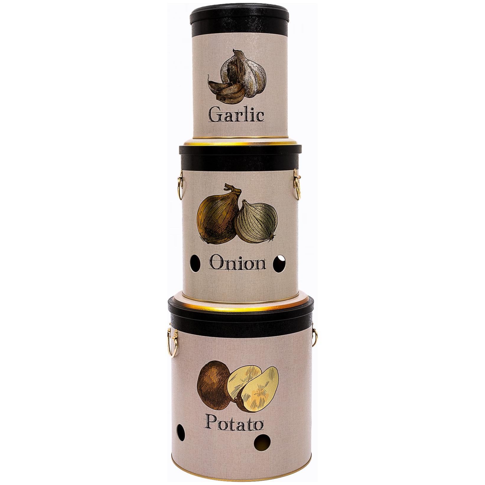 Triple Metal Bin Set for Potato Onion and Garlic  (3 Pcs)  Vintage Café-Inspired Linen Texture Design
 Azura Design