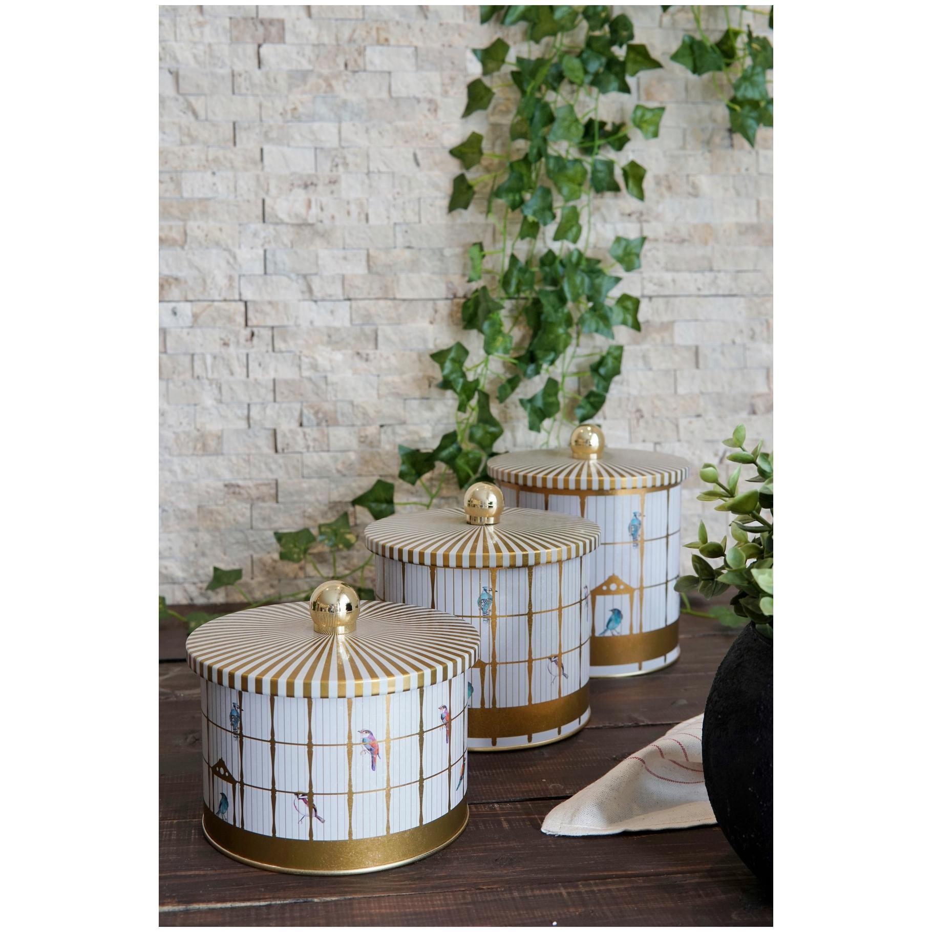 Round Metal Tin Canister Set Ø140 mm  ( 3Pcs)  Vintage Birdcage Illustration with Colorful Birds Bird Cage Design