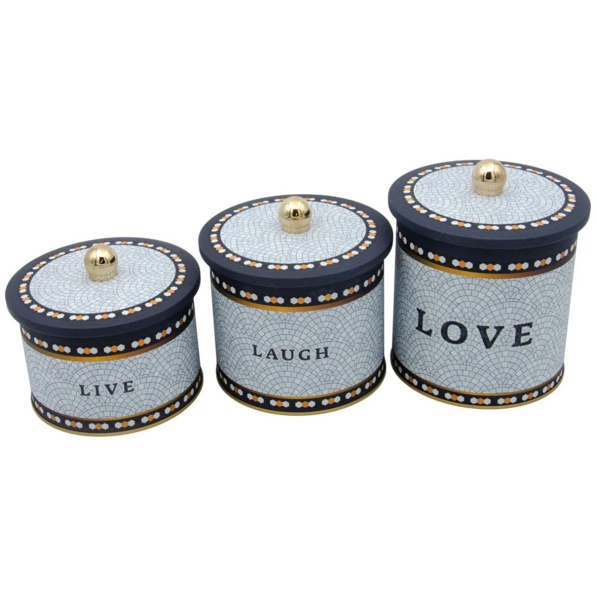 Round Metal Tin Canister Set Ø140 mm  ( 3Pcs)  Geometric Mosaic Pattern Mosaic Design