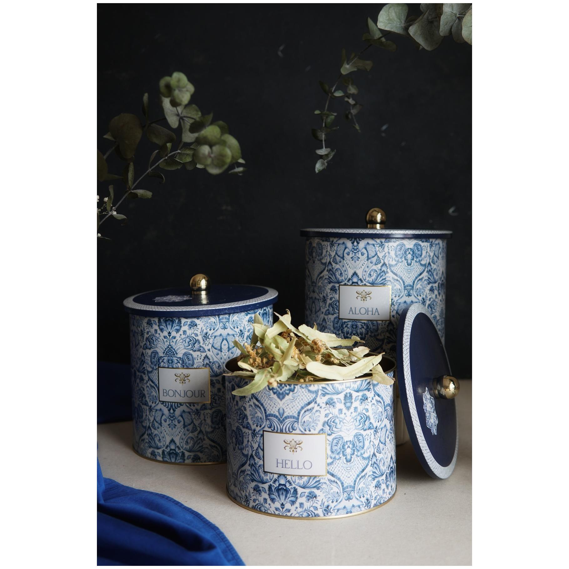  Round Metal Tin Canister Set Ø175 mm ( 3Pcs)  Azulejo-Inspired Blue &amp; White Decorative Pattern Azulejos Design