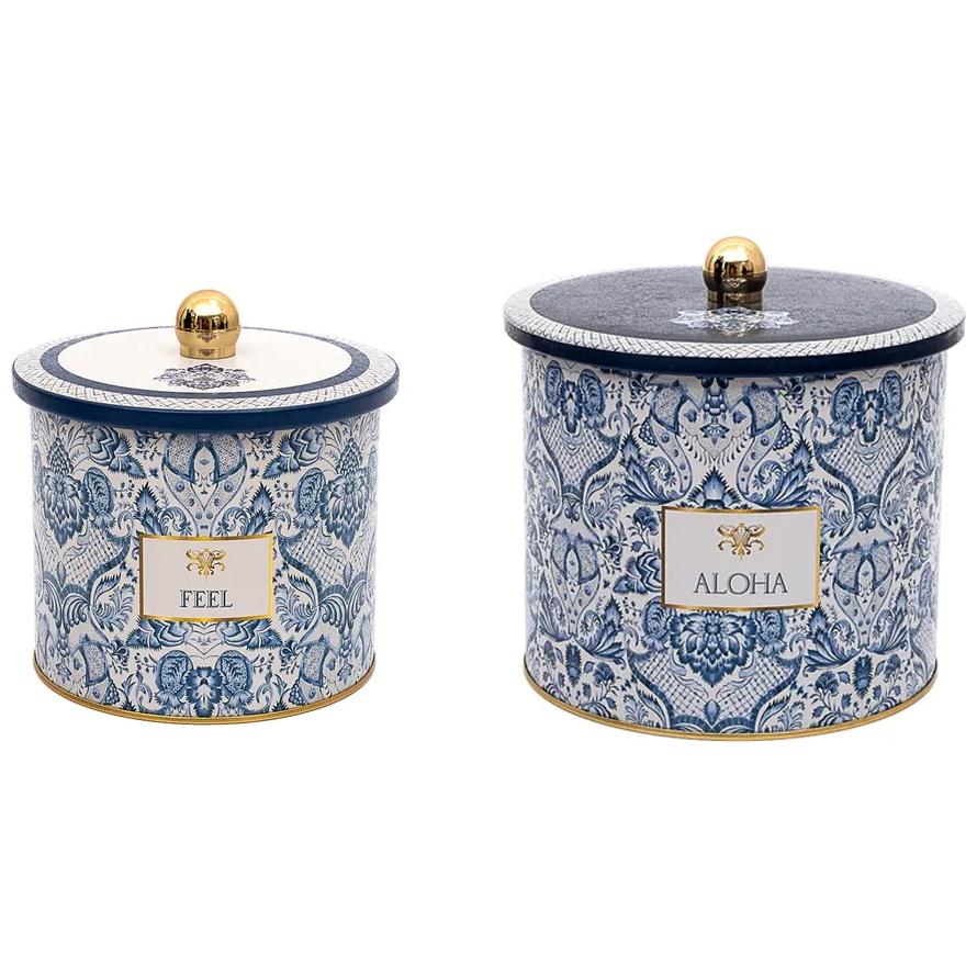 Round Metal Tin Box Set Ø175x155 -  Ø140x125  Knob Handle (2Pcs) Azulejo-Inspired Blue &amp; White Decorative Pattern Azulejos Design