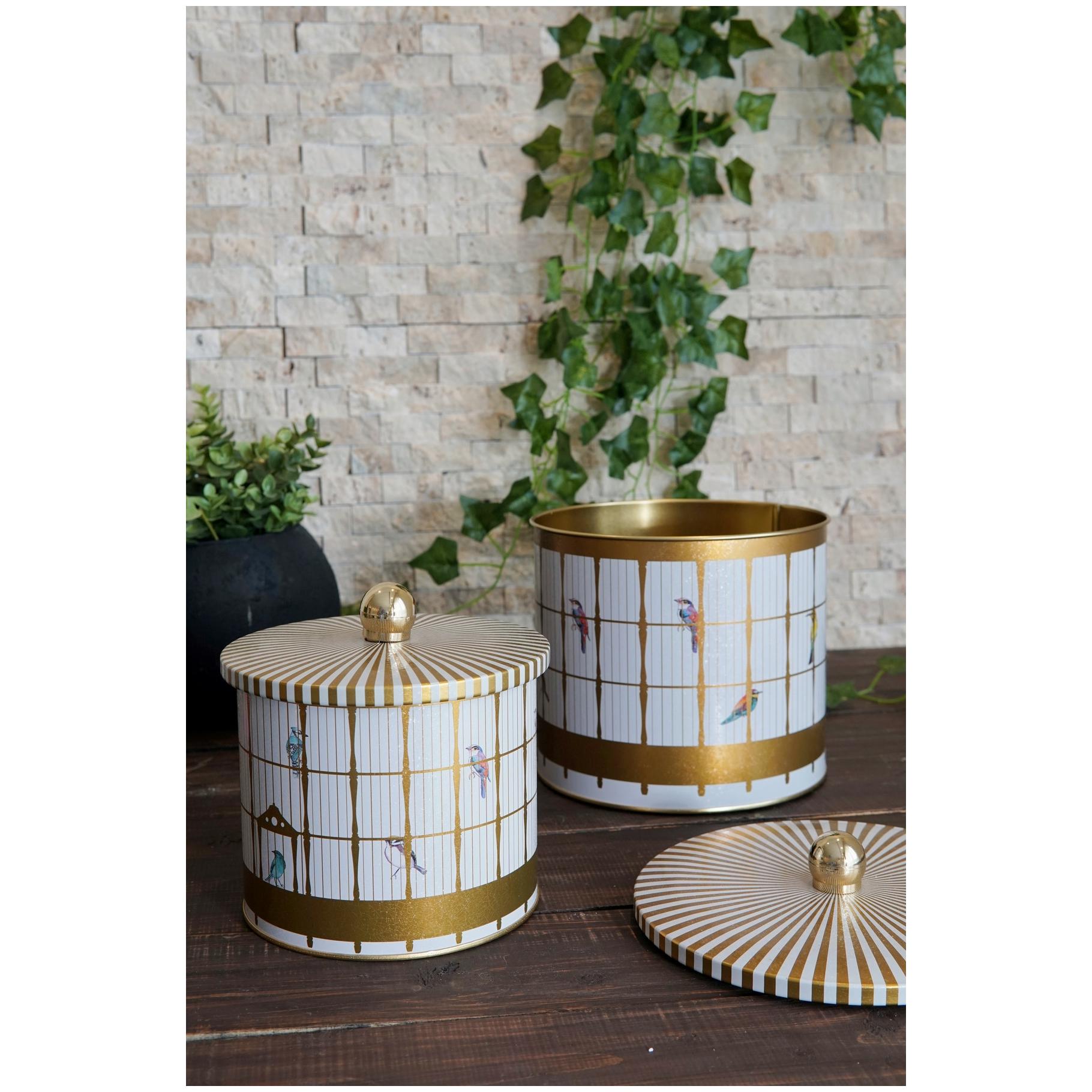 Round Metal Tin Box Set Ø175x155 -  Ø140x125  Knob Handle (2Pcs) Vintage Birdcage Illustration with Colorful Birds Bird Cage Design