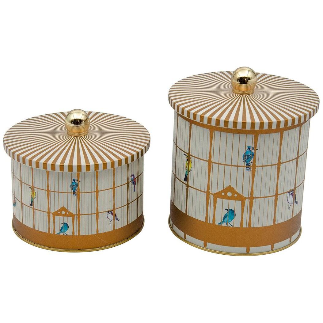 Round Metal Tin Box Set Ø175x155 -  Ø140x125  Knob Handle (2Pcs) Vintage Birdcage Illustration with Colorful Birds Bird Cage Design