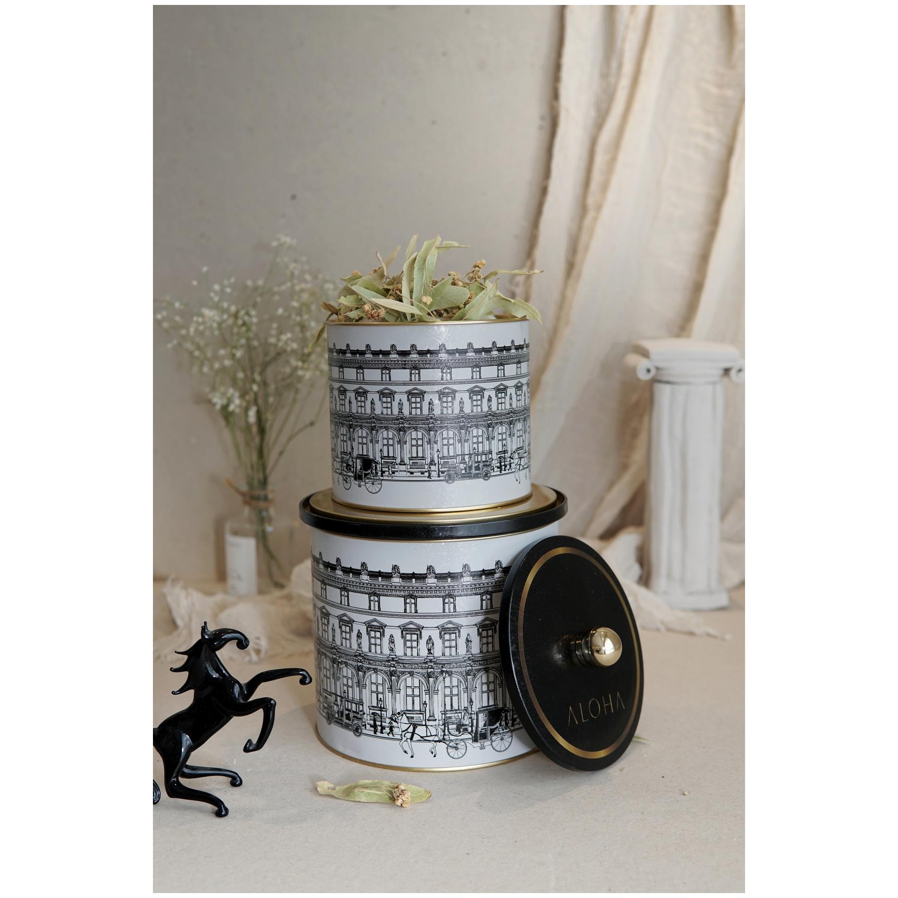 Round Metal Tin Box Set Ø175x155 -  Ø140x125  Knob Handle (2Pcs) vintage cityscapes illustration City Design