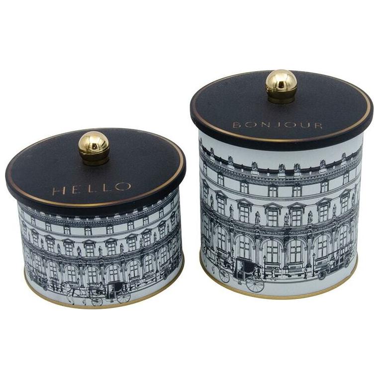 Round Metal Tin Box Set Ø175x155 -  Ø140x125  Knob Handle (2Pcs) vintage cityscapes illustration City Design