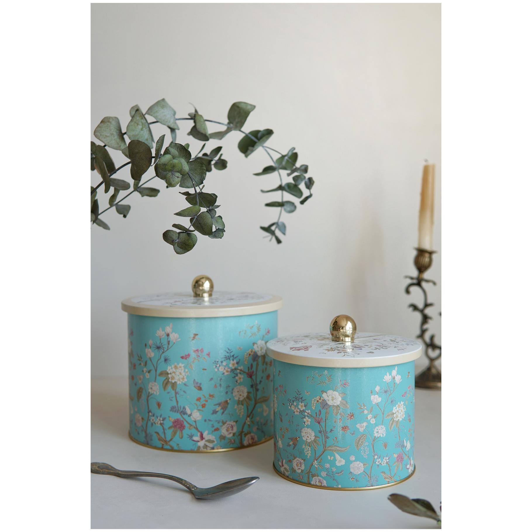Round Metal Tin Box Set Ø175x155 -  Ø140x125  Knob Handle (2Pcs) Floral Design Pastel Blue Botanica Design