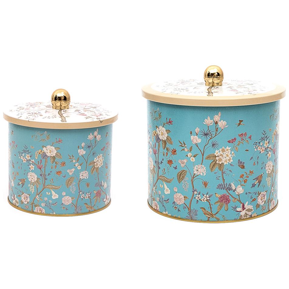 Round Metal Tin Box Set Ø175x155 -  Ø140x125  Knob Handle (2Pcs) Floral Design Pastel Blue Botanica Design