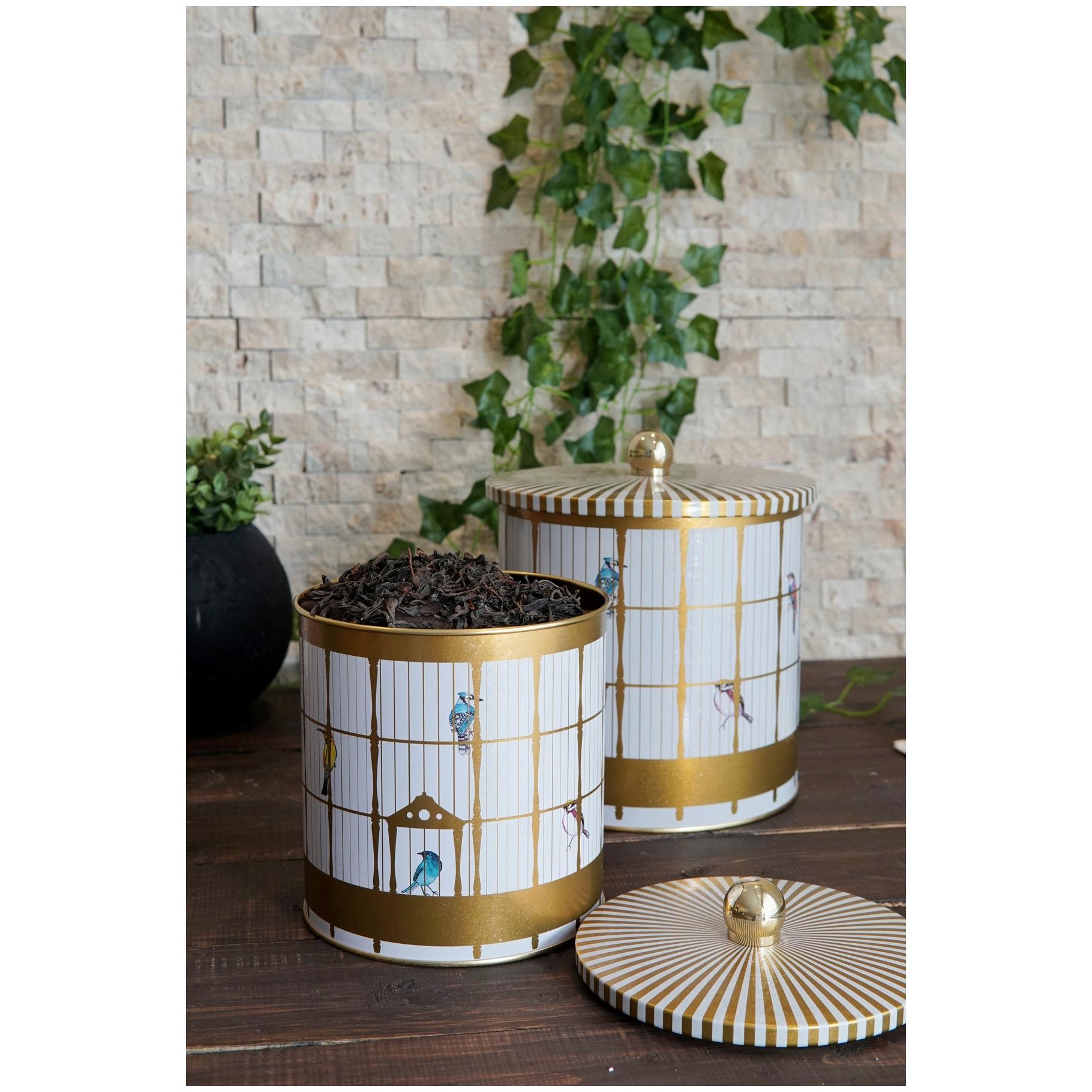 Round Metal Tin Box Set Ø175x180 -  Ø140x150  Knob Handle (2 Pcs) Vintage Birdcage Illustration with Colorful Birds Bird Cage Design