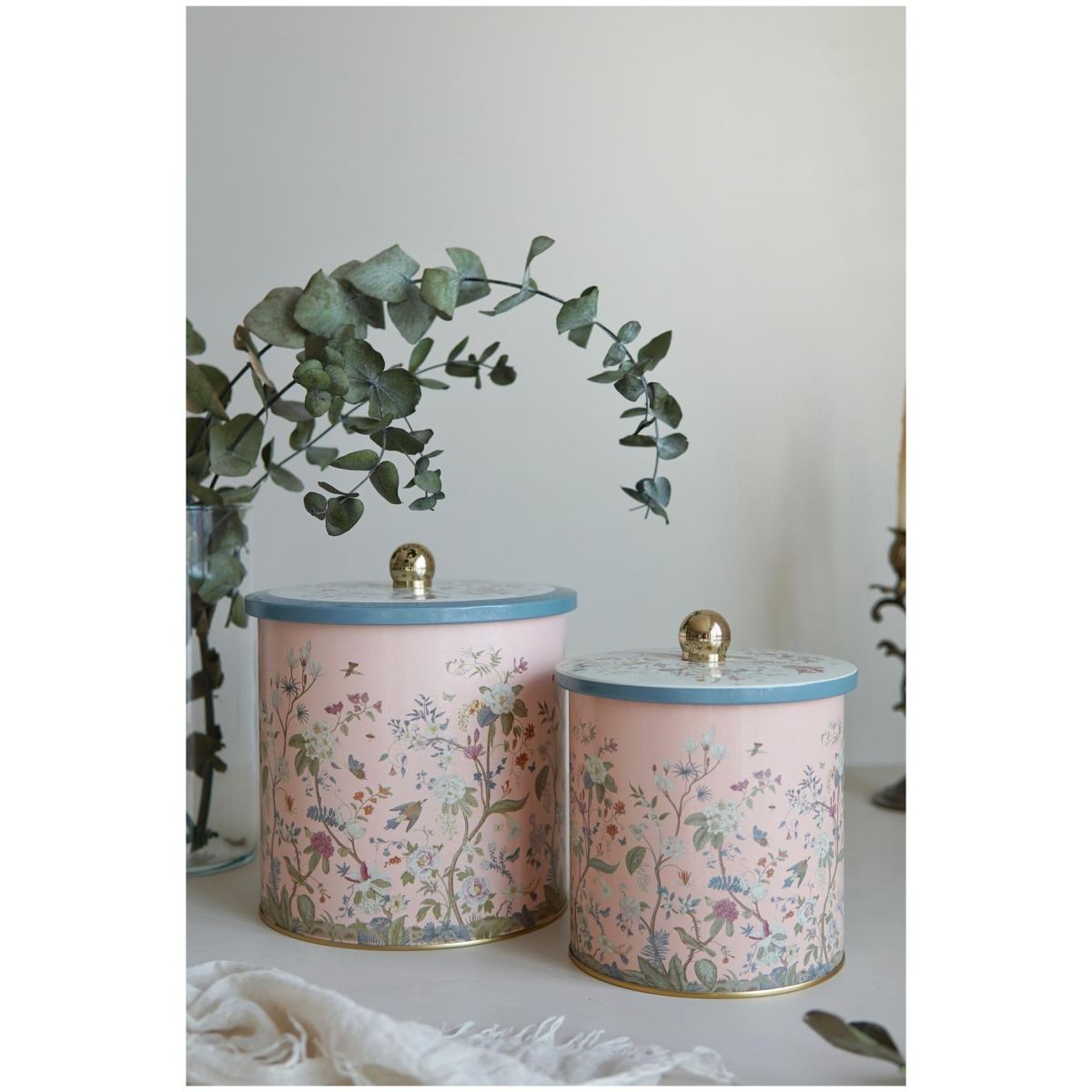 Round Metal Tin Box Set Ø175x180 -  Ø140x150  Knob Handle (2 Pcs) Floral Design Pastel Blue Botanica Design