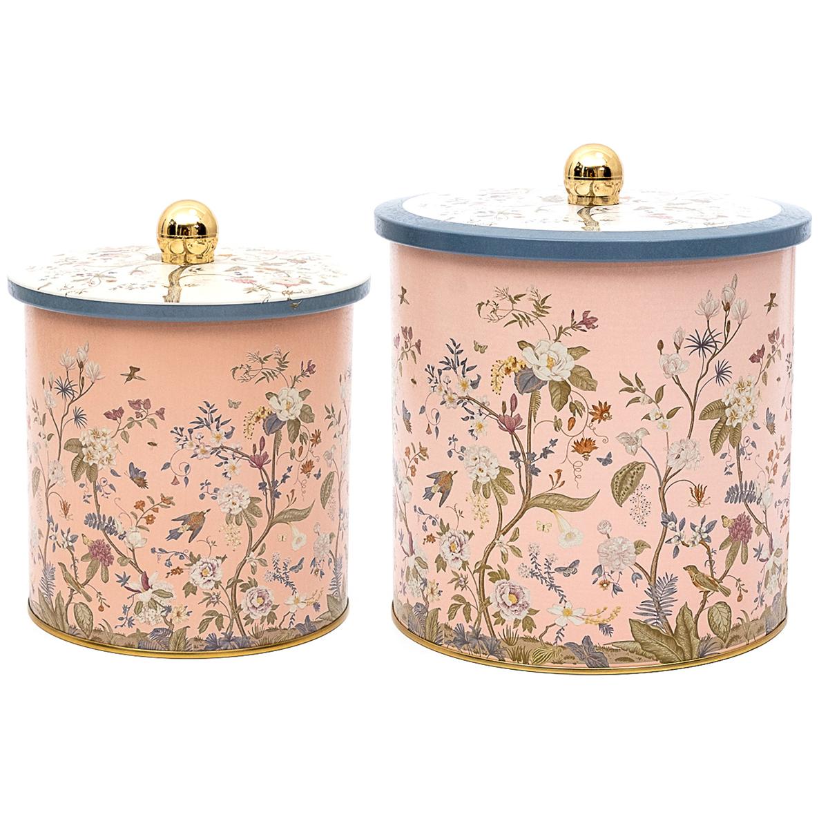 Round Metal Tin Box Set Ø175x180 -  Ø140x150  Knob Handle (2 Pcs) Floral Design Pastel Blue Botanica Design