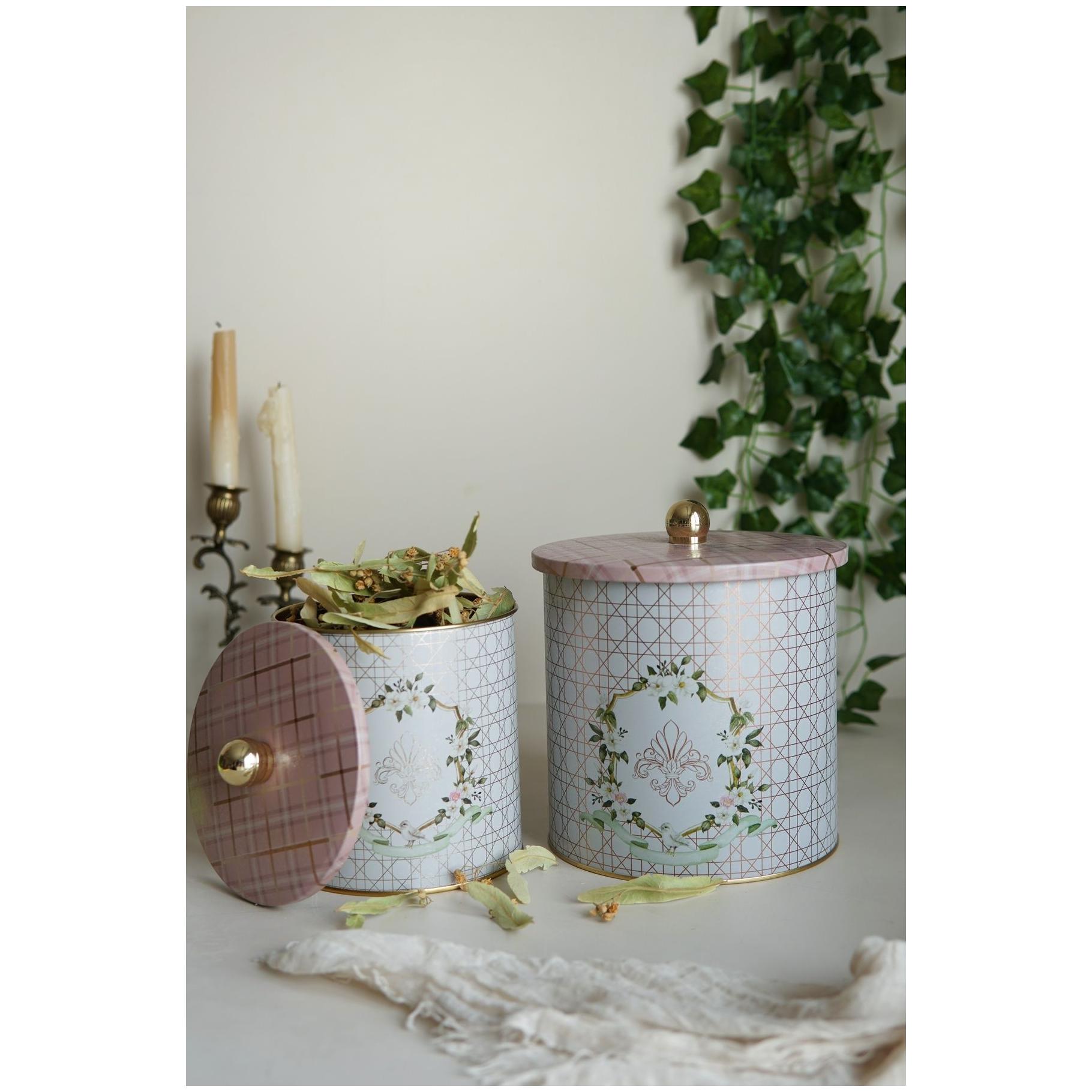 Round Metal Tin Box Set Ø175x180 -  Ø140x150  Knob Handle (2 Pcs) Rosy Rosy Design
