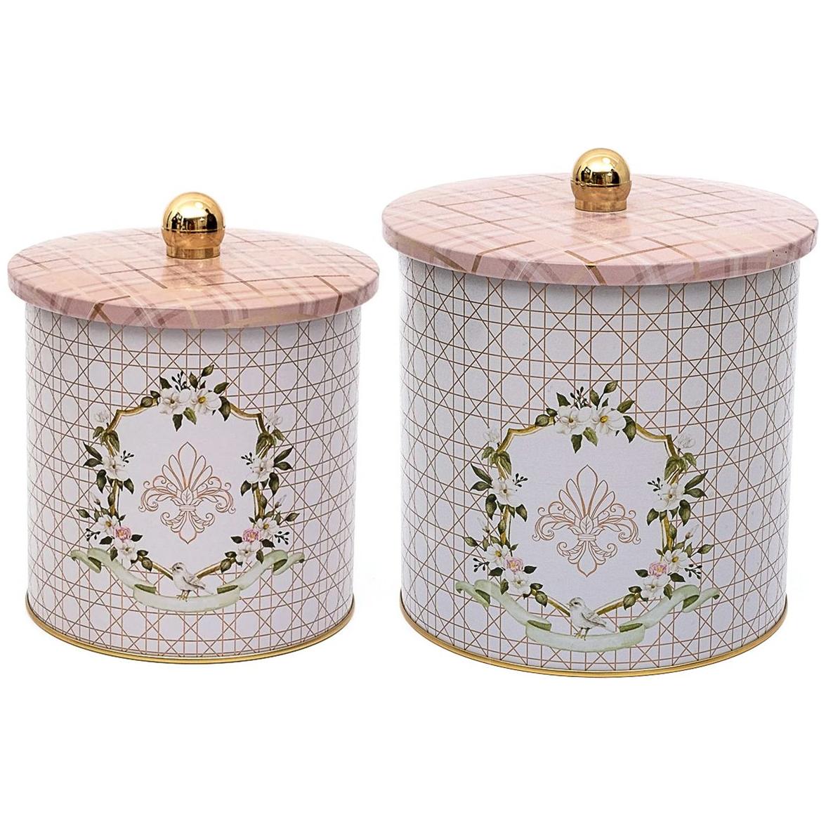 Round Metal Tin Box Set Ø175x180 -  Ø140x150  Knob Handle (2 Pcs) Rosy Rosy Design