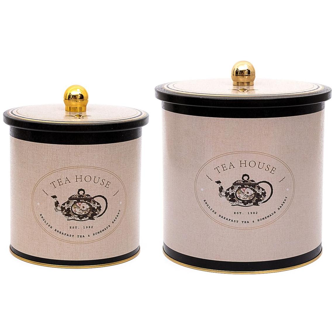 Round Metal Tin Box Set Ø175x180 -  Ø140x150  Knob Handle (2 Pcs) Vintage Café-Inspired Linen Texture Design
 Azura Design