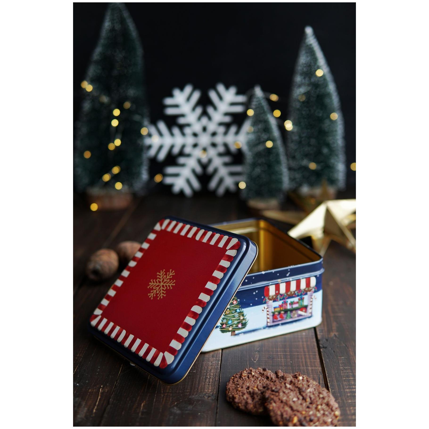 Metal Storage Tin Set – Square &amp; Round  Gold Snow Crystal  red background  Valentine And New Year Design