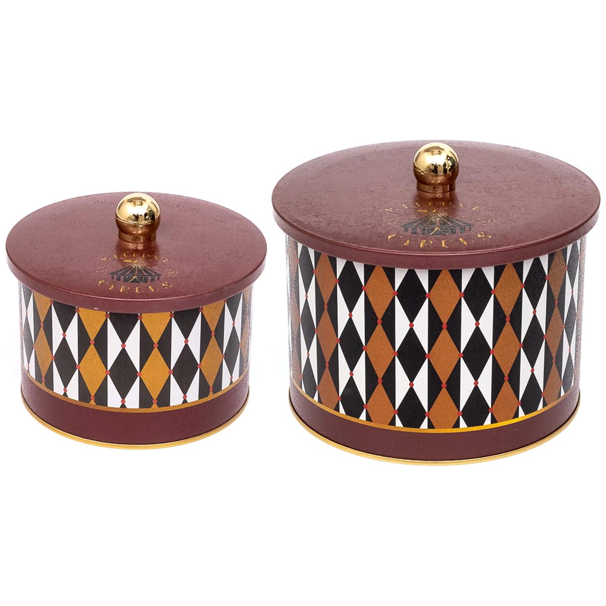 Round Metal Tin Box Set Ø175x155 -  Ø140x125  Knob Handle (Set of 2) Vintage Circus Elegance Circus Design