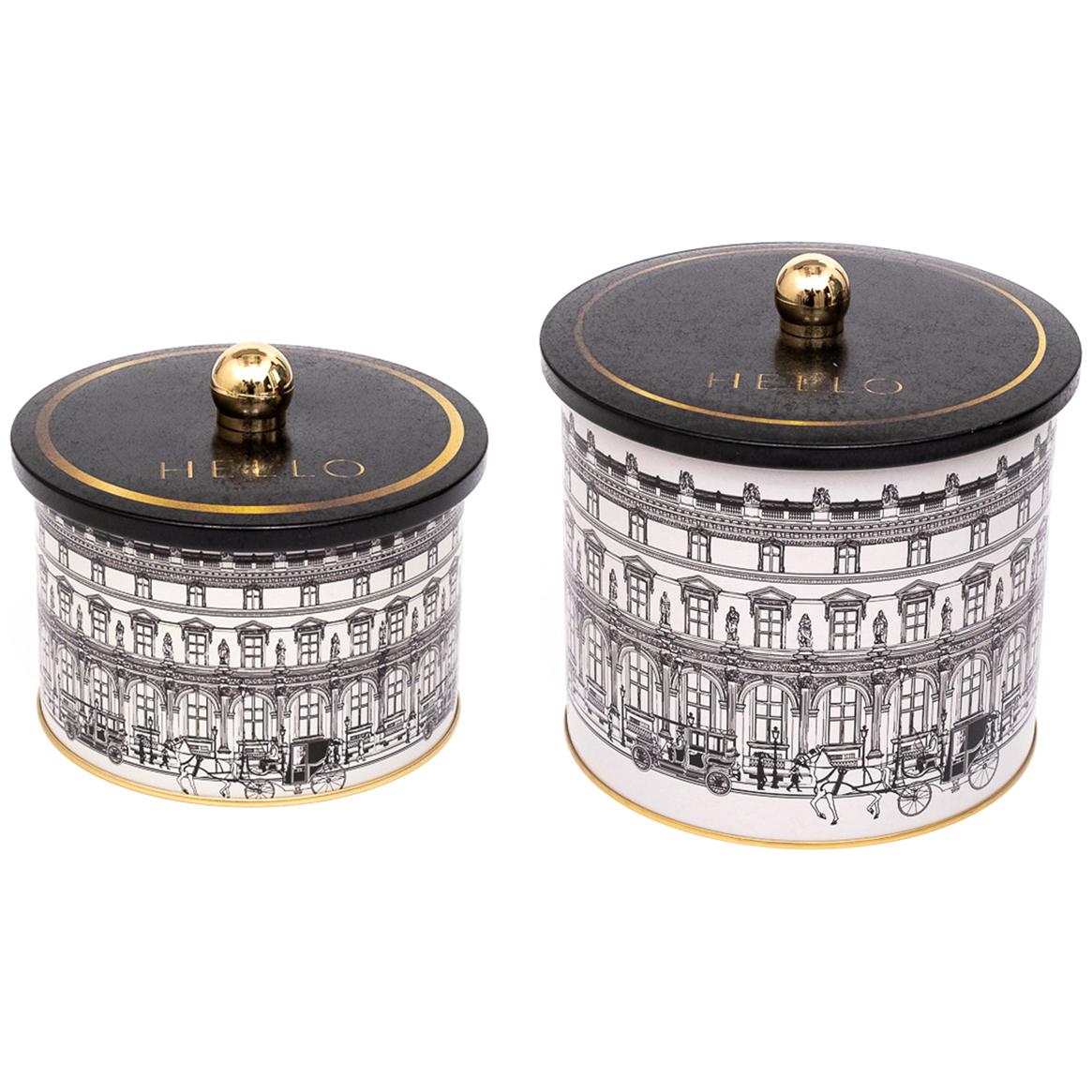 Round Metal Tin Box Set Ø175x155 -  Ø140x125  Knob Handle (Set of 2) vintage cityscapes illustration City Design