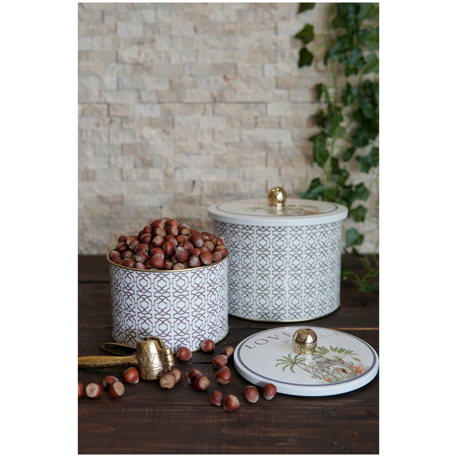 Round Metal Tin Box Set Ø175x155 -  Ø140x125  Knob Handle (Set of 2) Tropical Jungle – A Lush Paradise of Nature &amp; Wildlife Forrest Design