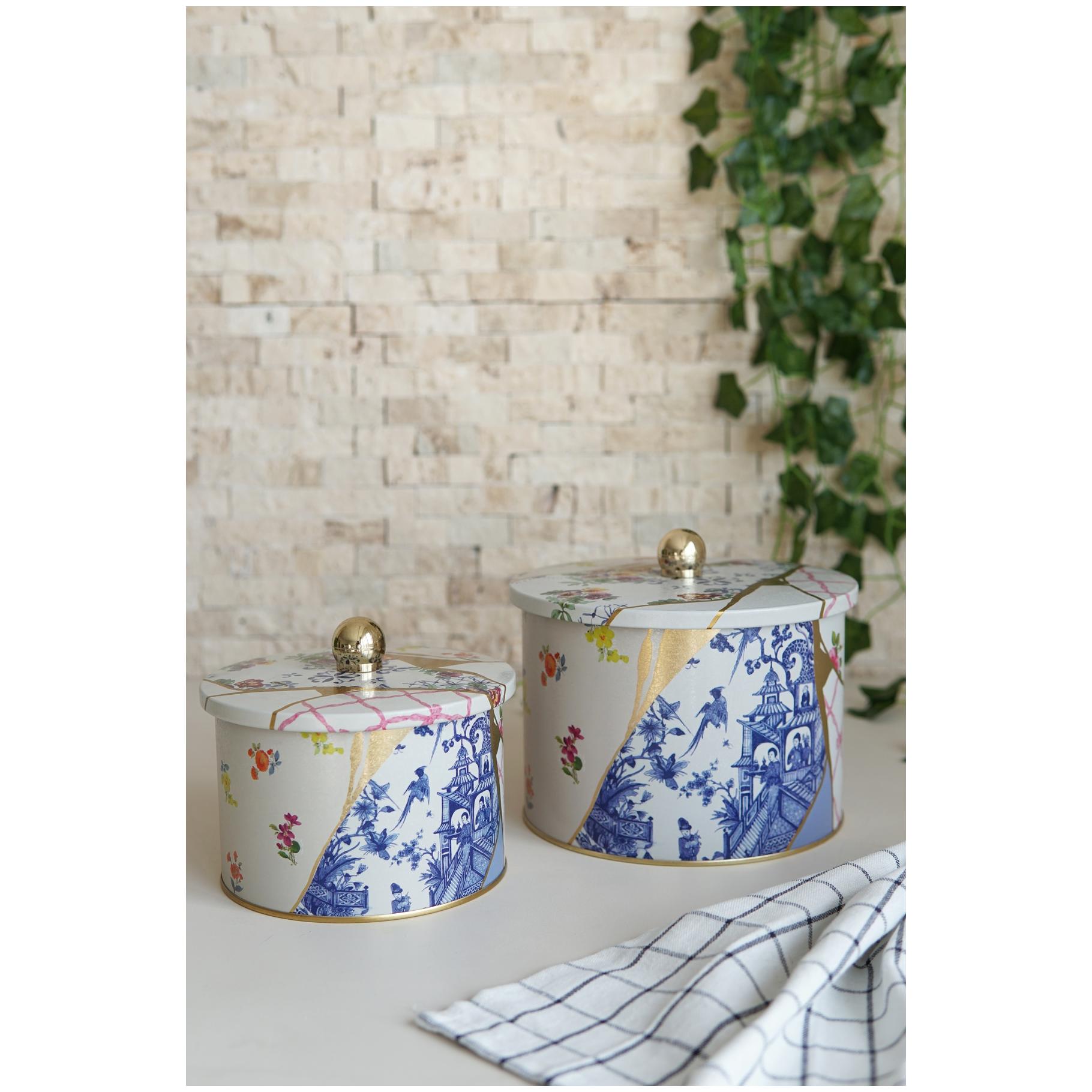 Round Metal Tin Box Set Ø175x155 -  Ø140x125  Knob Handle (Set of 2) Kintsugi Gold vein Flower  Kint Sugi Design