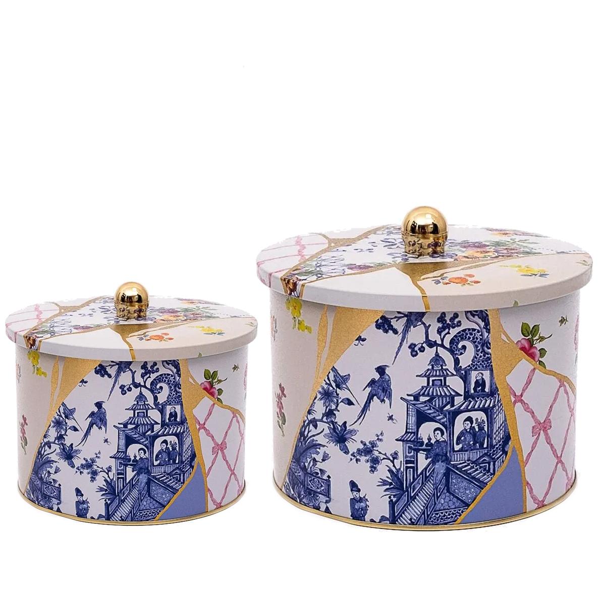 Round Metal Tin Box Set Ø175x155 -  Ø140x125  Knob Handle (Set of 2) Kintsugi Gold vein Flower  Kint Sugi Design
