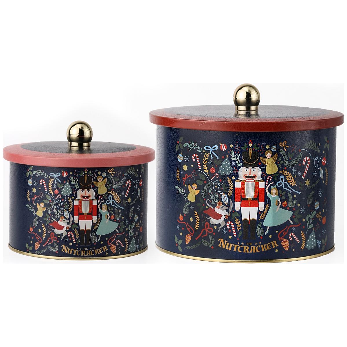 Round Metal Tin Box Set Ø175x155 -  Ø140x125  Knob Handle (Set of 2) Vintage Café-Inspired Linen Texture Design
 Tales Design