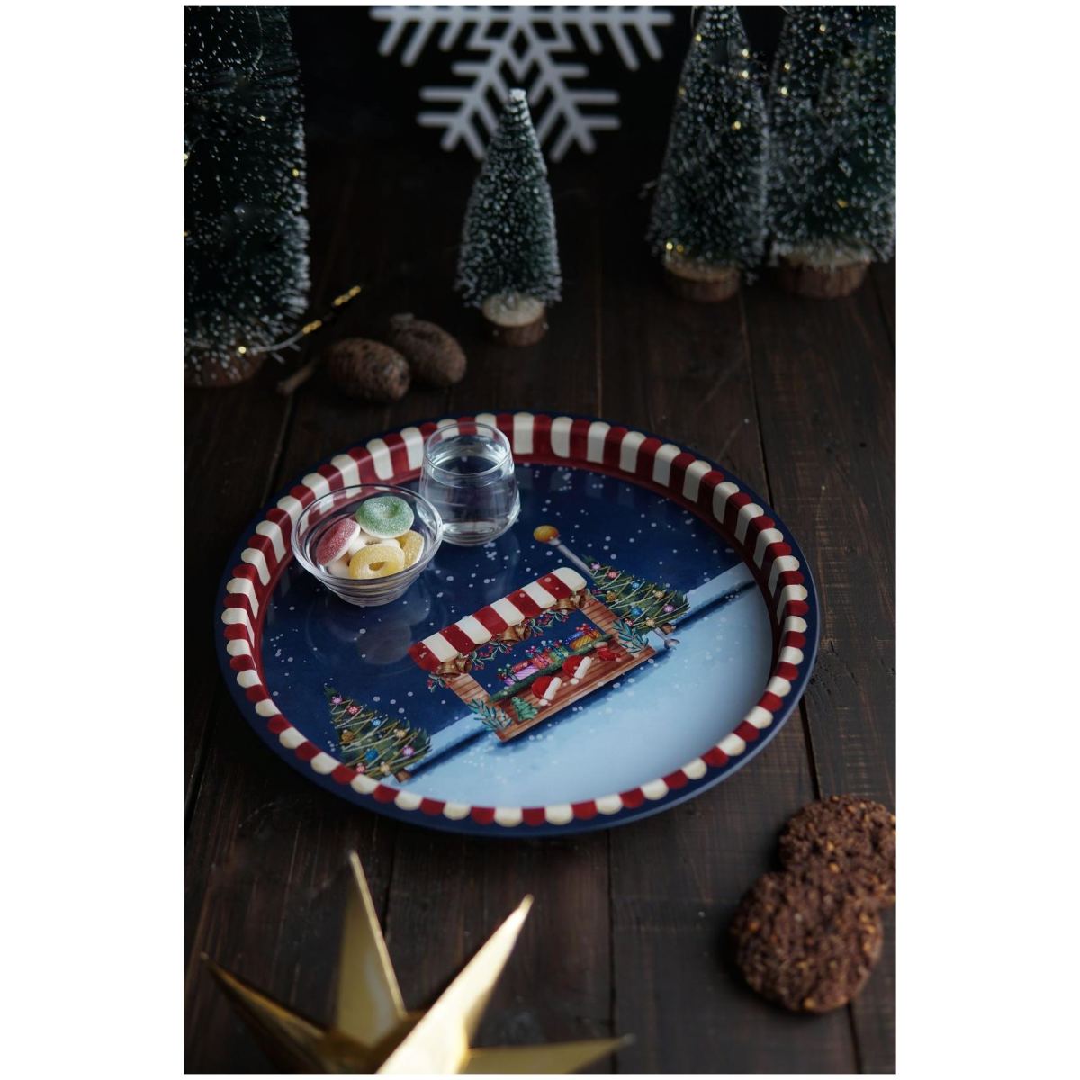 Round box Square box and Tray  ( Set of 3) for christmas  158x158x80 -Ø140x70 mm - Ø315mm Gold Snow Crystal  red background  Valentine And New Year Design