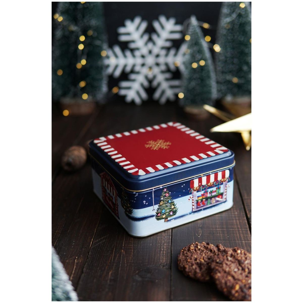 Round box Square box and Tray  ( Set of 3) for christmas  158x158x80 -Ø140x70 mm - Ø315mm Gold Snow Crystal  red background  Valentine And New Year Design